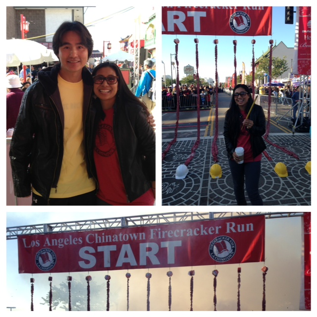 Collage of Michelle Wong at the Firecracker Run start line and posing with friends at the festival