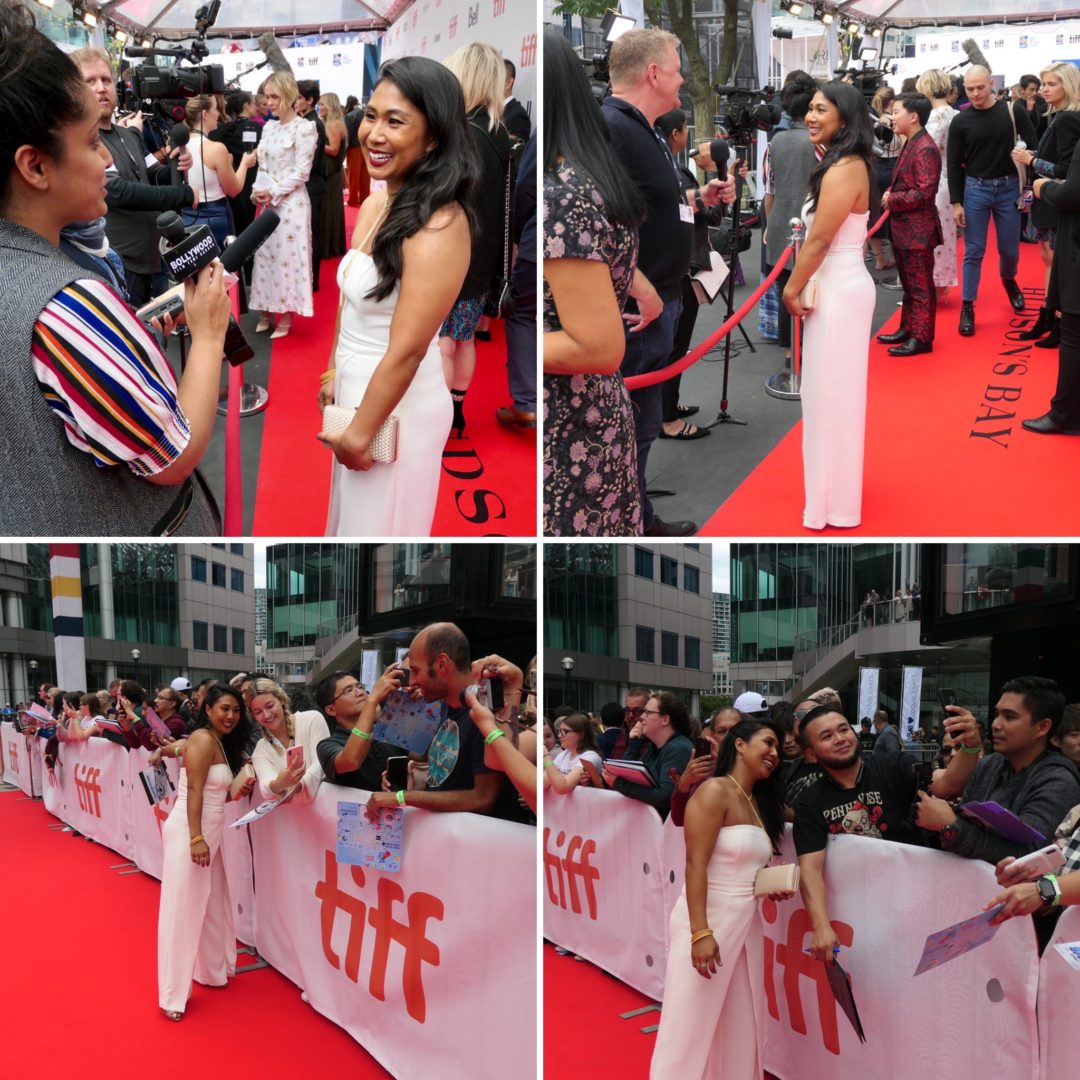 Collage of Michelle Wong on the TIFF red carpet: being interviewed, posing, and signing autographs for fans